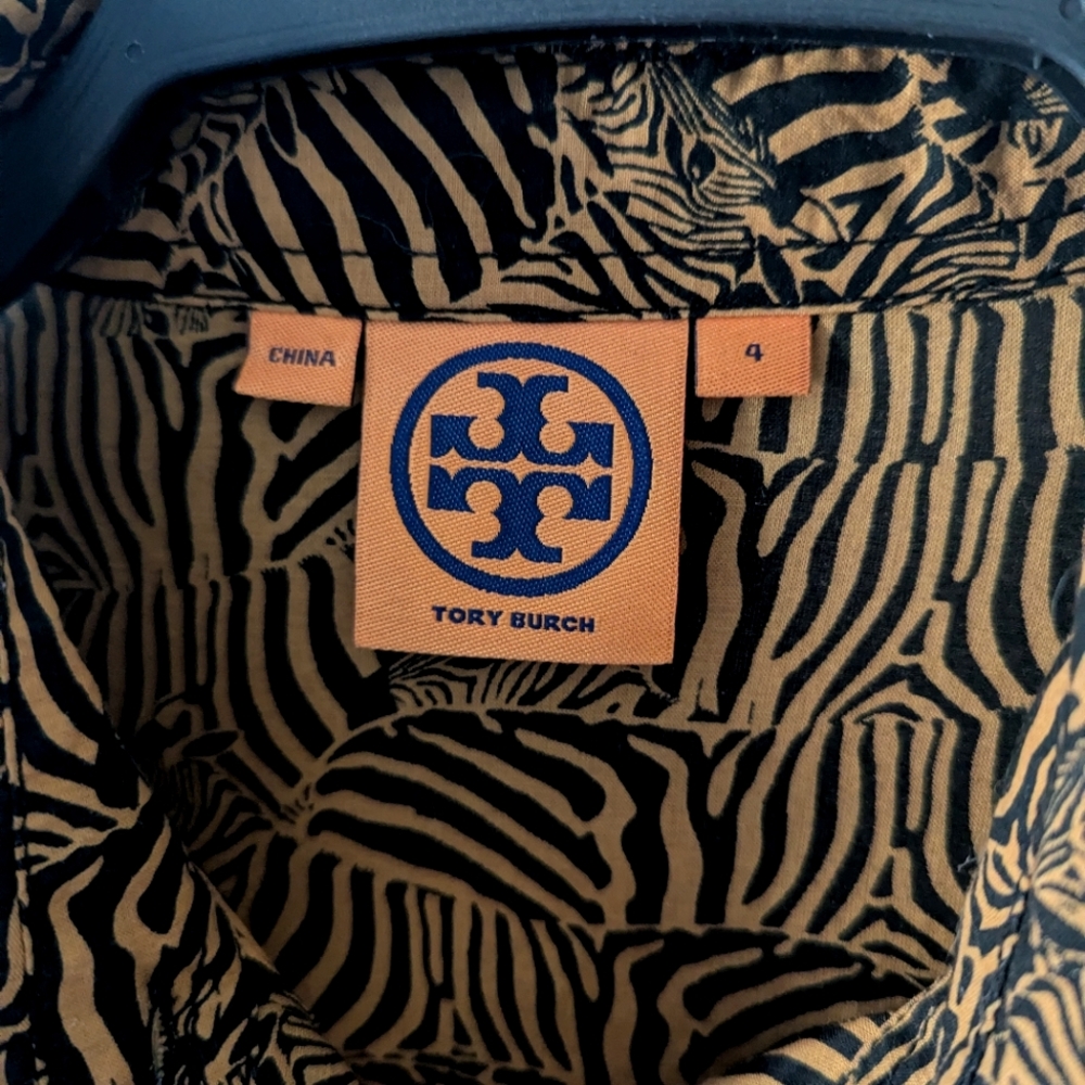 TORY BURCH Brown Gold Buttons Animal Print Zebra Button Down Shirt Size 4 - Picture 5 of 11